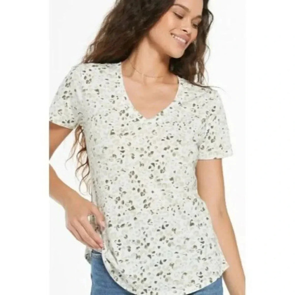 Z Supply Beige & Gray Painted Leopard V-Neck Short Sleeve T-Shirt S - Picture 1 of 5
